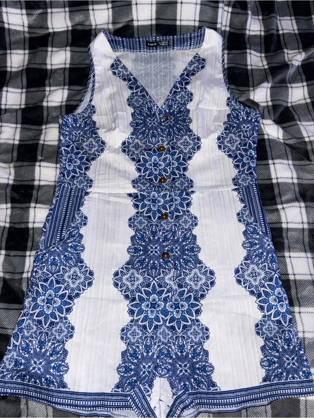 SHEIN Blue and White Patterned romper